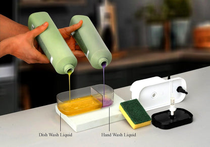 MARKWELL Plastic 3 in 1 Soap Pump Dispenser Dish Soap Liquid Dispenser Sponge Holder Dish Soap Pump Dispenser for Kitchen Sink Countertop Kitchen Bathroom (Multi-Color)