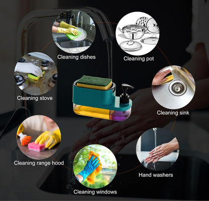 MARKWELL Plastic 3 in 1 Soap Pump Dispenser Dish Soap Liquid Dispenser Sponge Holder Dish Soap Pump Dispenser for Kitchen Sink Countertop Kitchen Bathroom (Multi-Color)